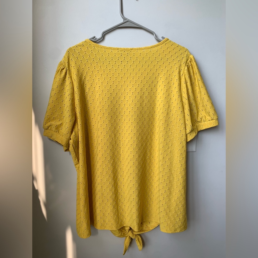 CARMEN MARC VALVO Butter Yellow Rounded Neck Short Sleeve Tie Front Blouse - Picture 5 of 5